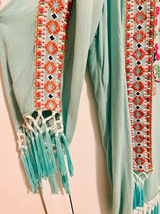 ✨ Z&L Europe Embroidered Boho Kimono Cardigan – Fringe Tassel Detail ✨ - Picture 6 of 14